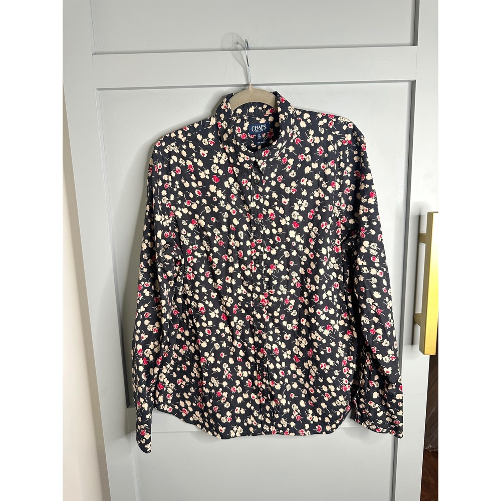 Chaps‎ Womens XL Button Down Shirt Black Floral Print Long Sleeve No Iron Top